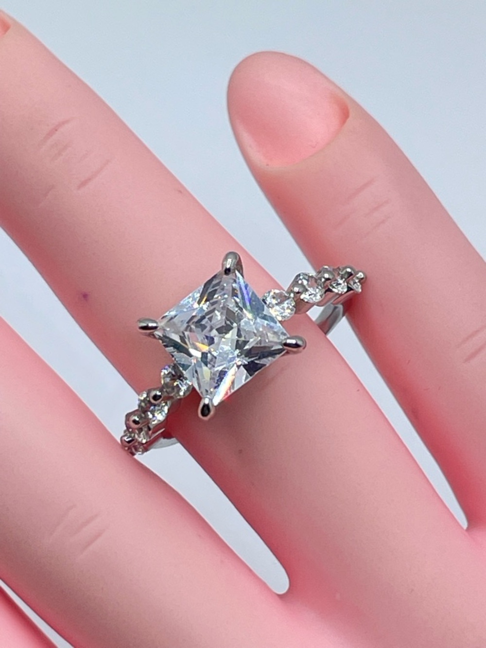 Silver Princess Cut Diamond White CZ Ring Statement Bridal Elegant Sz 7.5